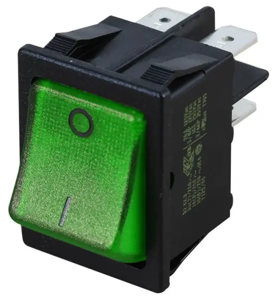 EVEREL SX82 Series Rocker Switch, 20A, DP, Green, Panel Mount