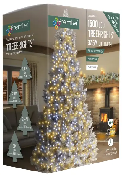 Premier 1500 LED Warm White Christmas Tree Lights, 37.5m with Timer