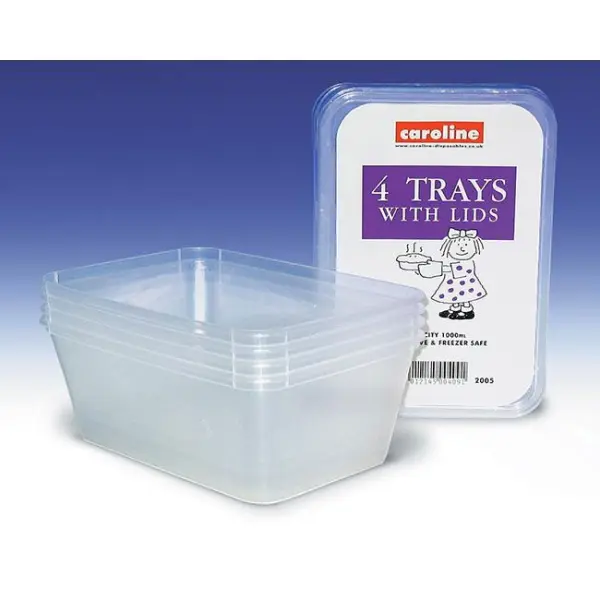 Caroline Plastic Storage Tray with Lid 1000ml, Pack of 4
