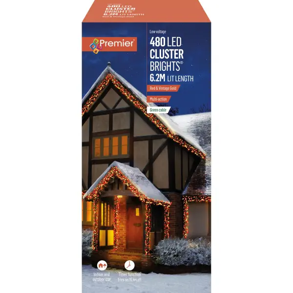 Premier Decorations Luces Navideñas Vintage LED Doradas y Rojas, 480 LED, 6.2m,