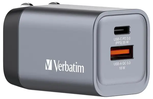 Verbatim GaN USB PD Wall Charger, 35W, 2 Port (USB-C & USB-A)