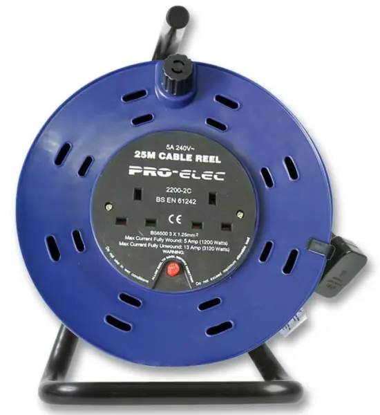 Pro Elec 25m Kabelhaspel met 5A Dubbel Stopcontact