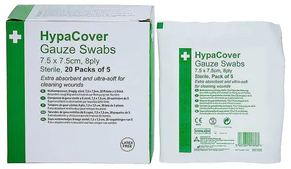 HypaCover Sterile Gauze Swabs 7.5cm x 7.5cm, 20 Packs of 5 (100 Swabs)