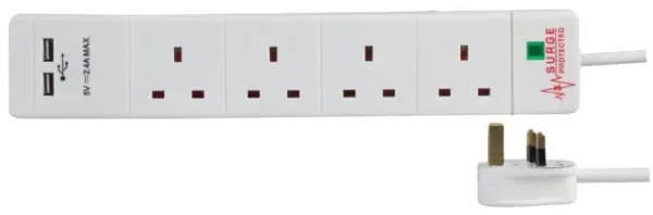 PRO ELEC 4-Gangs verlengsnoer met 2 USB en overspanningsbeveiliging, 1m, Wit