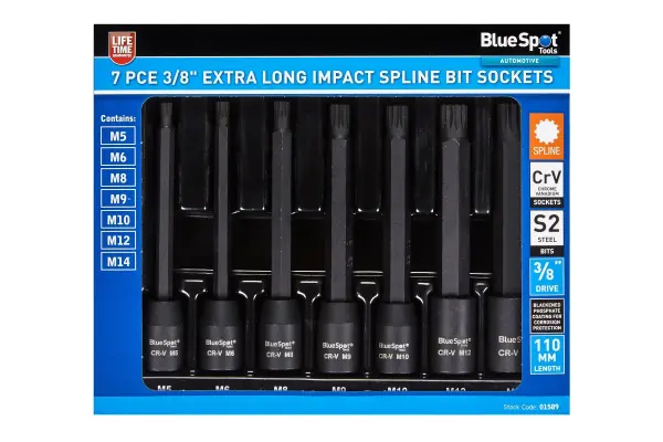 Blue Spot Tools - Set Soket Bit Spline Panjang Gred Profesional 3/8″ (7 Keping)