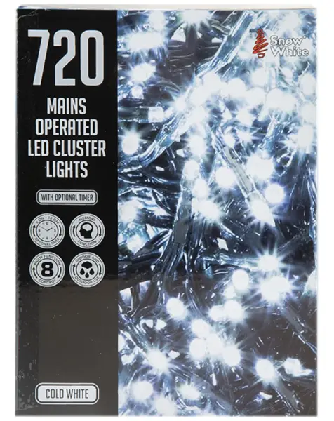 Snow White 720 LED Cluster Lights, 9m, White, Mains Operated
