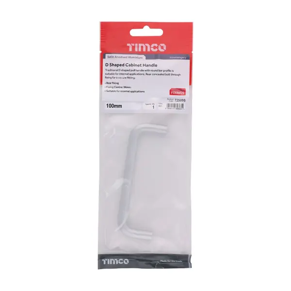 Timco - Poignée de meuble en forme de D anodisé satiné - 100mm