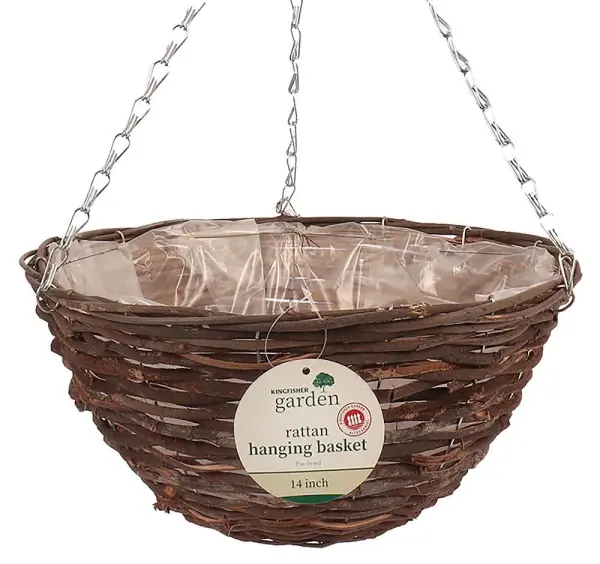 Kingfisher 14 Inch Dark Rattan Hanging Flower Basket with Liner