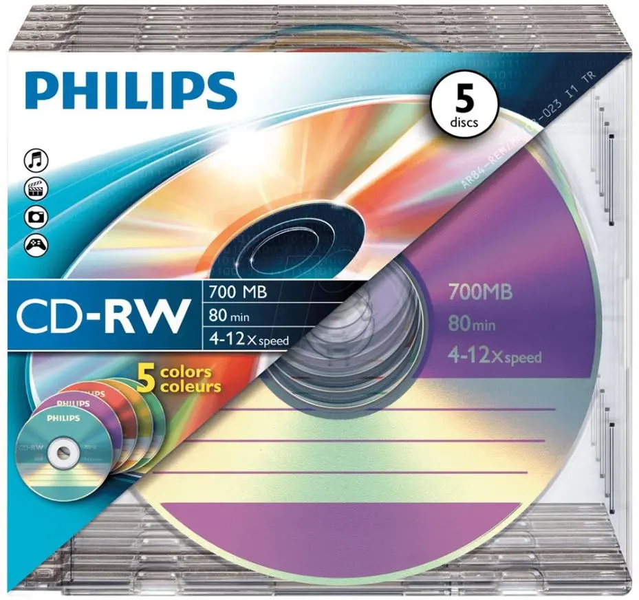 PHILIPS תקליטורי CD-RW ריקים, מהירות 12x, חבילת 5