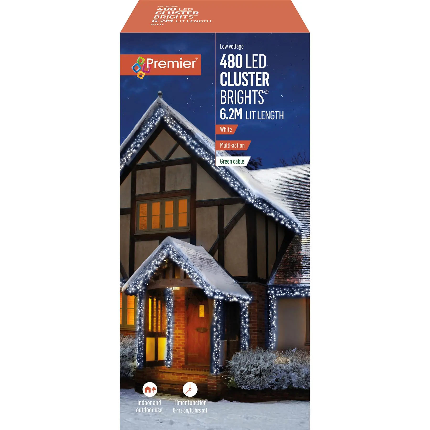 Premier 480 LED White Christmas Cluster Lights with Timer, 6.2m