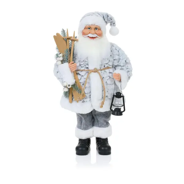 Premier - Santa Berjaket Bulu Krim-Kelabu 50cm dengan Ski dan Lentera