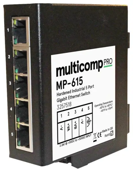 Multicomp Pro 5-Port Industrial Gigabit Switch, DIN Rail Mount