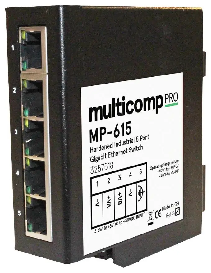 MULTICOMP PRO Conmutador Industrial Gigabit de 5 Puertos, Montaje en Rail DIN