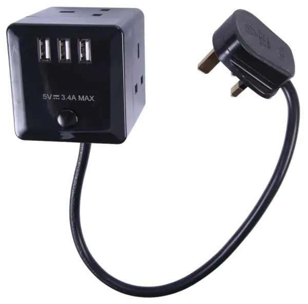 PRO ELEC Cube Stopcontactenblok met 3 USB-poorten, 500mm, Zwart