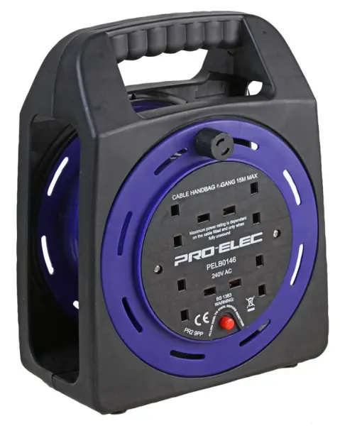 PRO ELEC 4 Gang Cable Extension Reel with Storage for 15m