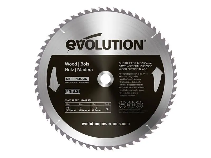 Evolution Carbide-Tipped Wood Cutting Saw Blade, 355mm x 60T