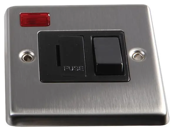 VOLEX 1 Gang 13A Spínaný pojistkový odbočovač s neonem, nerezová ocel/černý