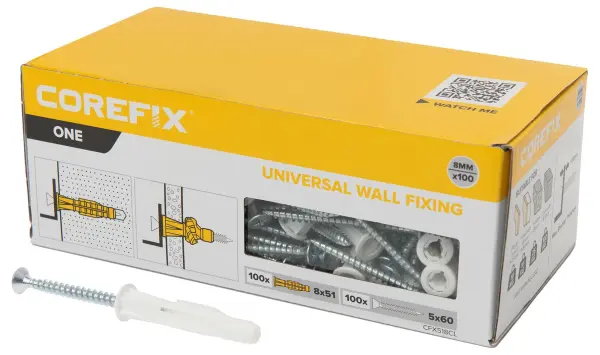 COREFIX One Universal Plasterboard & Masonry Wall Plugs & Screws Fixing Kit - 8mm x 51mm