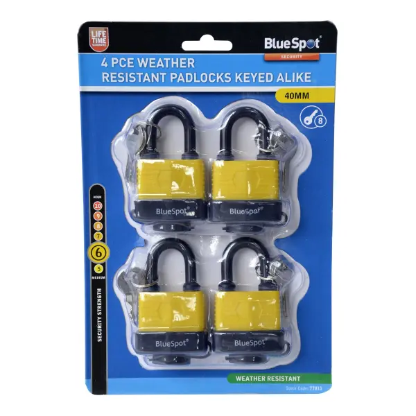 Blue Spot Tools 4 מנעולים עמידים לתנאי מזג אוויר 40 מ״מ, עם אותו מפתח