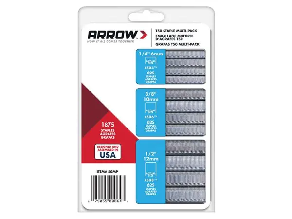 Arrow Paquete Multitalla de Grapas T50 - 6mm, 10mm & 12mm (1875 Grapas)