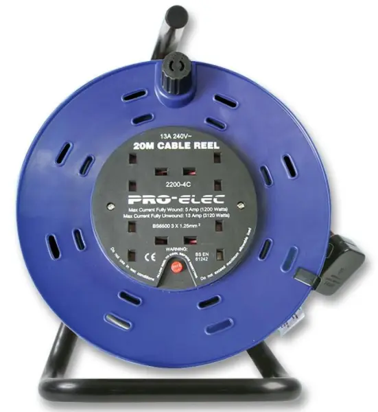 PRO-ELEC 4 Gang Mains Extension Cable Reel, 20m, 13A, Blue