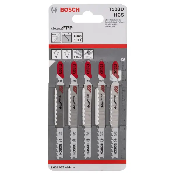 Bosch T102D Polypropylene Jigsaw Blades, 5 Pack (HCS, 100mm)