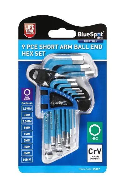 Blue Spot Tools - Jogo de 9 Chaves Allen de Ponta Esférica e Braço Curto (1,5-9