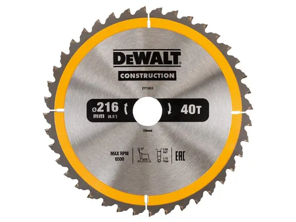 DEWALT 216mm Construction Circular Saw Blade, 40T ATB/Neg