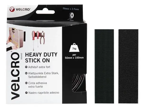 VELCRO Heavy Duty Stick On Hook & Loop Tape, Black, 50mm x 2.5m