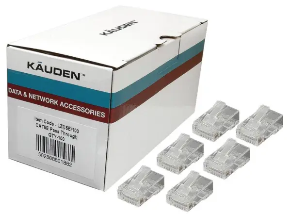KAUDEN RJ45 HQ Passthrough Konektory, Cat5e, 8P8C, Balení 100 ks