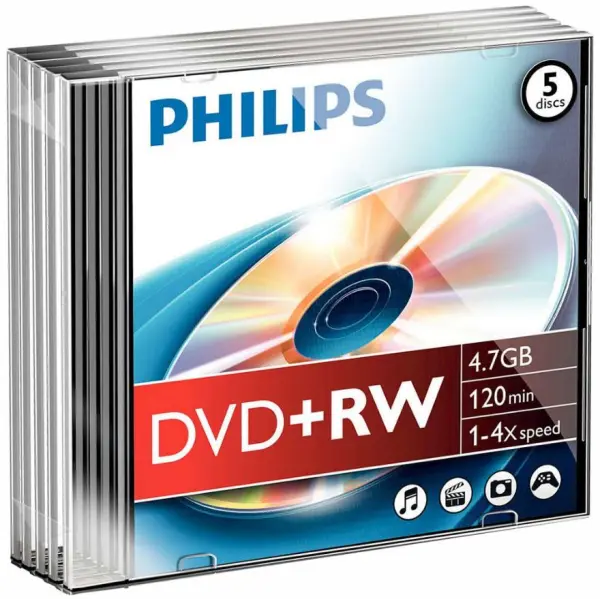 Philips DVD+RW Μπλάνκ Δίσκοι 4x Ταχύτητας, 5 Τεμάχια σε Συμπαγές Θήκη