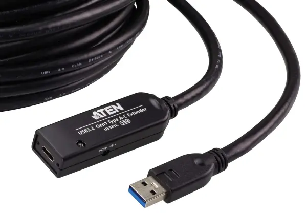 ATEN USB 3.2 Gen 1 USB-A Male to USB-C Female Extension Lead, 10m, Black