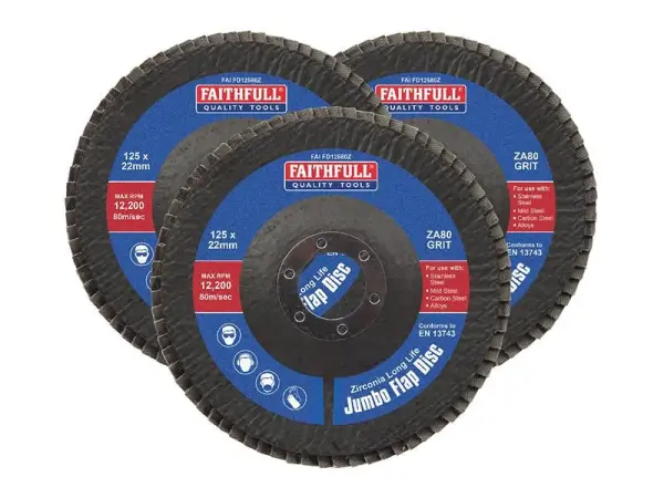 Faithfull Zirconia Abrasive Jumbo Flap Discs - 125 x 22mm 80 Grit (3 Pack)