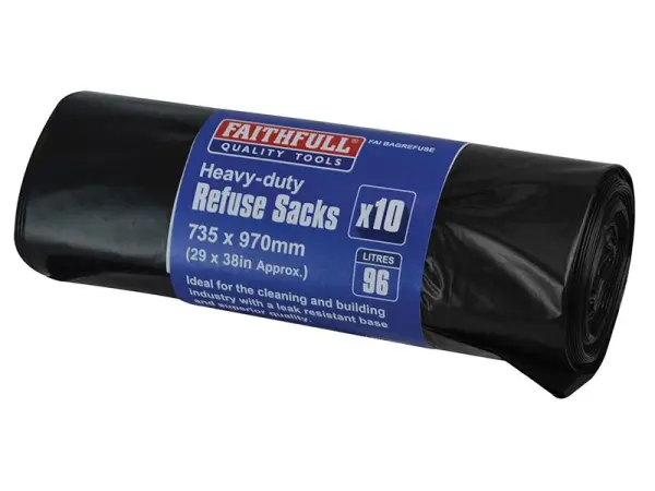 Faithfull Heavy-Duty Black Refuse Sacks, 10-Pack, 96L, 735x970mm