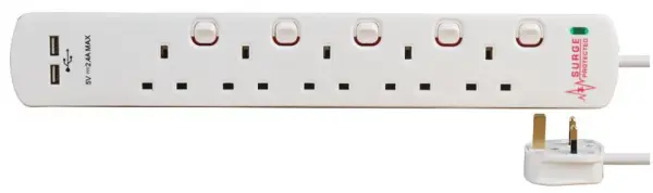PRO ELEC Regleta de 5 Tomas con 2 Puertos USB, 2m, Blanco