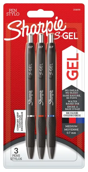 Sharpie S-Gel Medium Tip Retractable Gel Pens Black/Blue/Red Pack of 3
