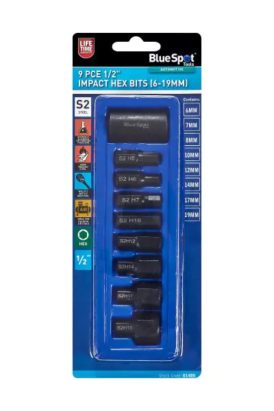 Blue Spot Tools 9-Piece 1/2'' Impact Hex Bit Set (6-19mm), 315 g