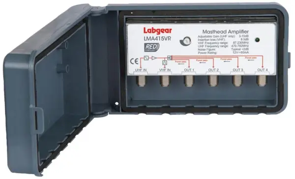 LABGEAR 마스트헤드 4-웨이 증폭기, 변형 이득 5-15dB LTE800 필터 포함