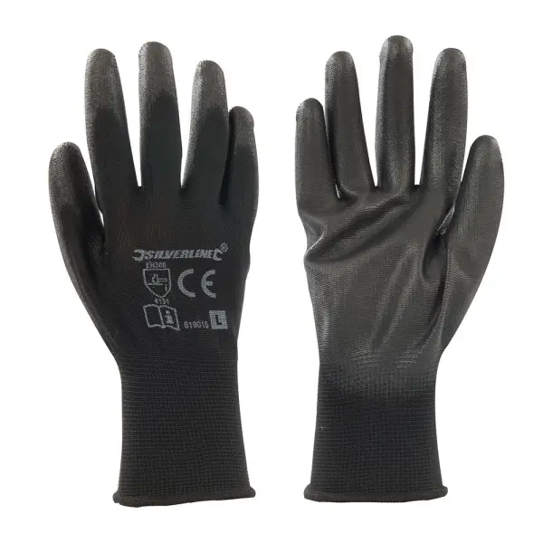 Silverline Black Palm Gloves, L 9, Polyurethane-Coated