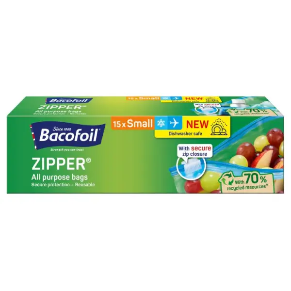 Bacofoil Zipper All Purpose Food & Freezer Bags Small 20x15cm 1L 15pk