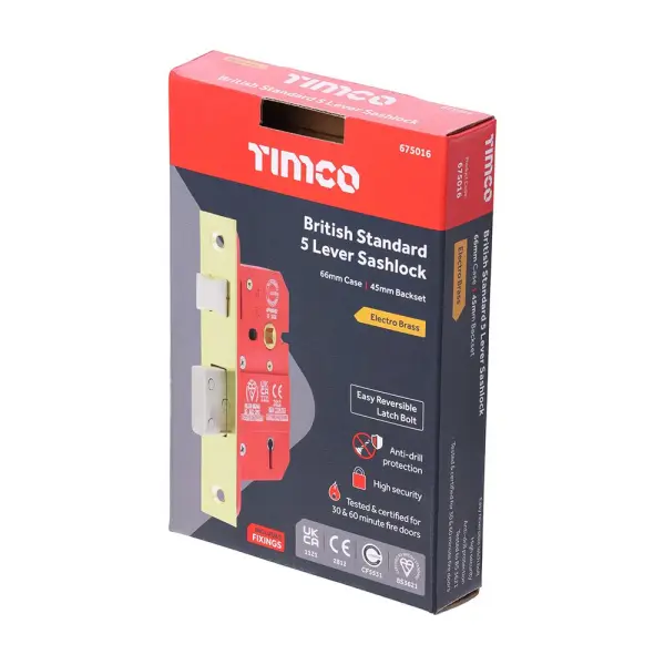 Timco - Serrure à levier 5 BS CE - Electro Brass 66 case / 45 backset