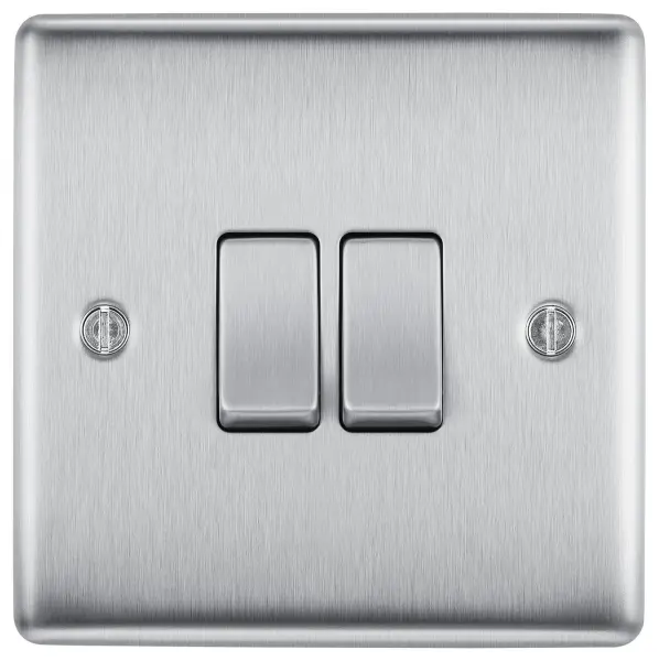 BG Electrical Nexus Metal 2 Gang 2 Way Light Switch, 20A 16AX, Brushed Steel
