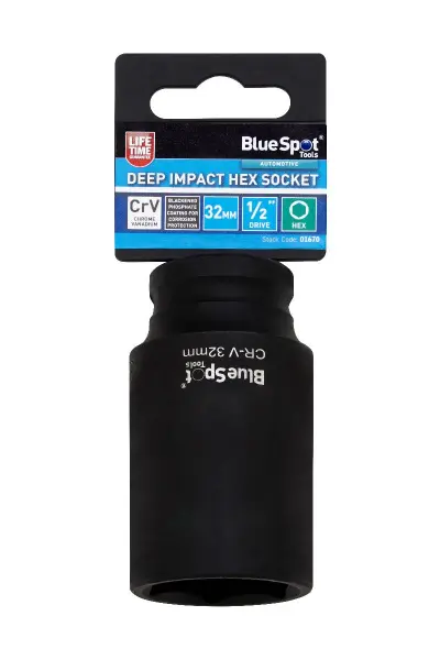 Blue Spot Tools 加长冲击六角套筒 32mm 1/2英寸驱动 重型工业级