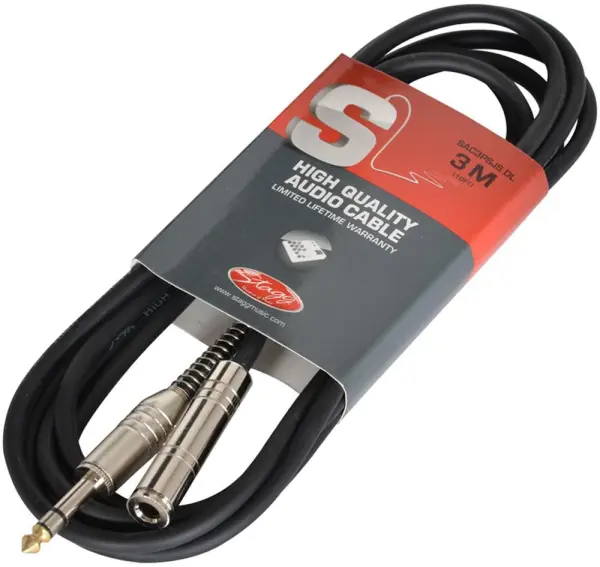 STAGG 6,35mm (1/4”) audio kabel, samec na samici, 3m, černý