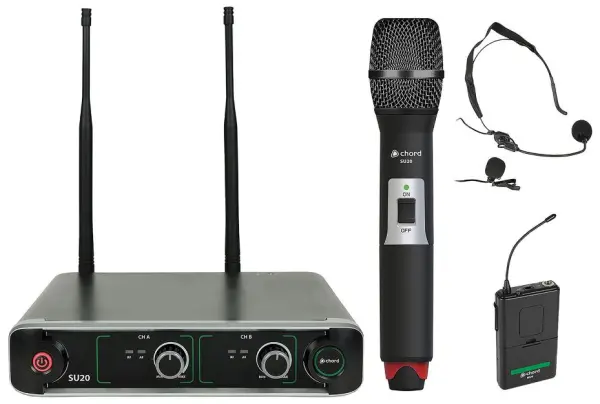 CHORD Kit Senza Fili UHF Duale: 1 Microfono a Mano e 1 Trasmettitore da Cintura