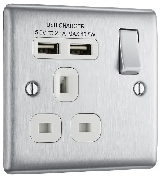 British General Switched Mains Socket with 2x USB A, Brushed Steel