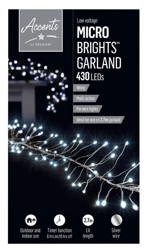 Raraion LED Garland Lights with Silver Wire, White, 2.7m