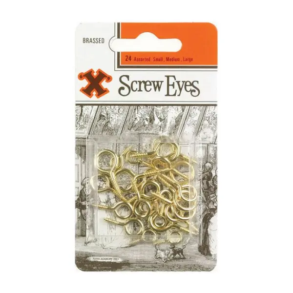 X Assorted Brass Plated Screw Eyes, 24 Pack