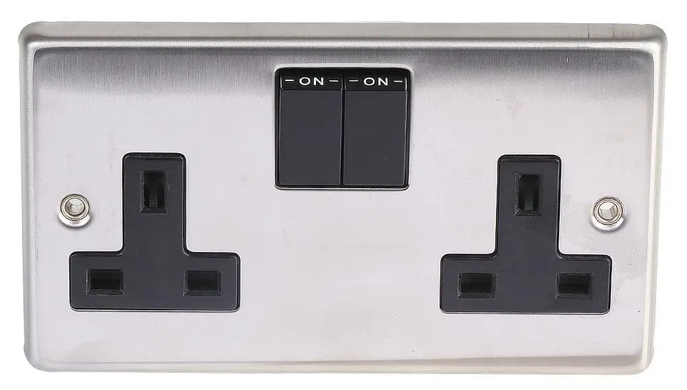Volex 2 Gang DP 13A Switched Socket, Brushed Stainless Steel