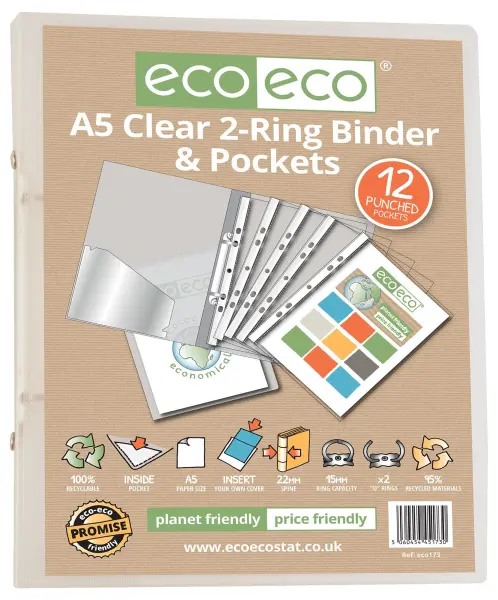 ECO-ECO A5 Clear 2 Ring Binder with 12 Pockets